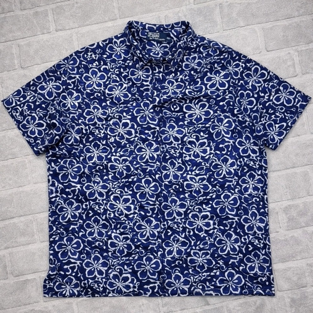 Polo Ralph Lauren Shirt Mens XXL Blue Floral Hibiscus Cotton Pique Short Sleeve